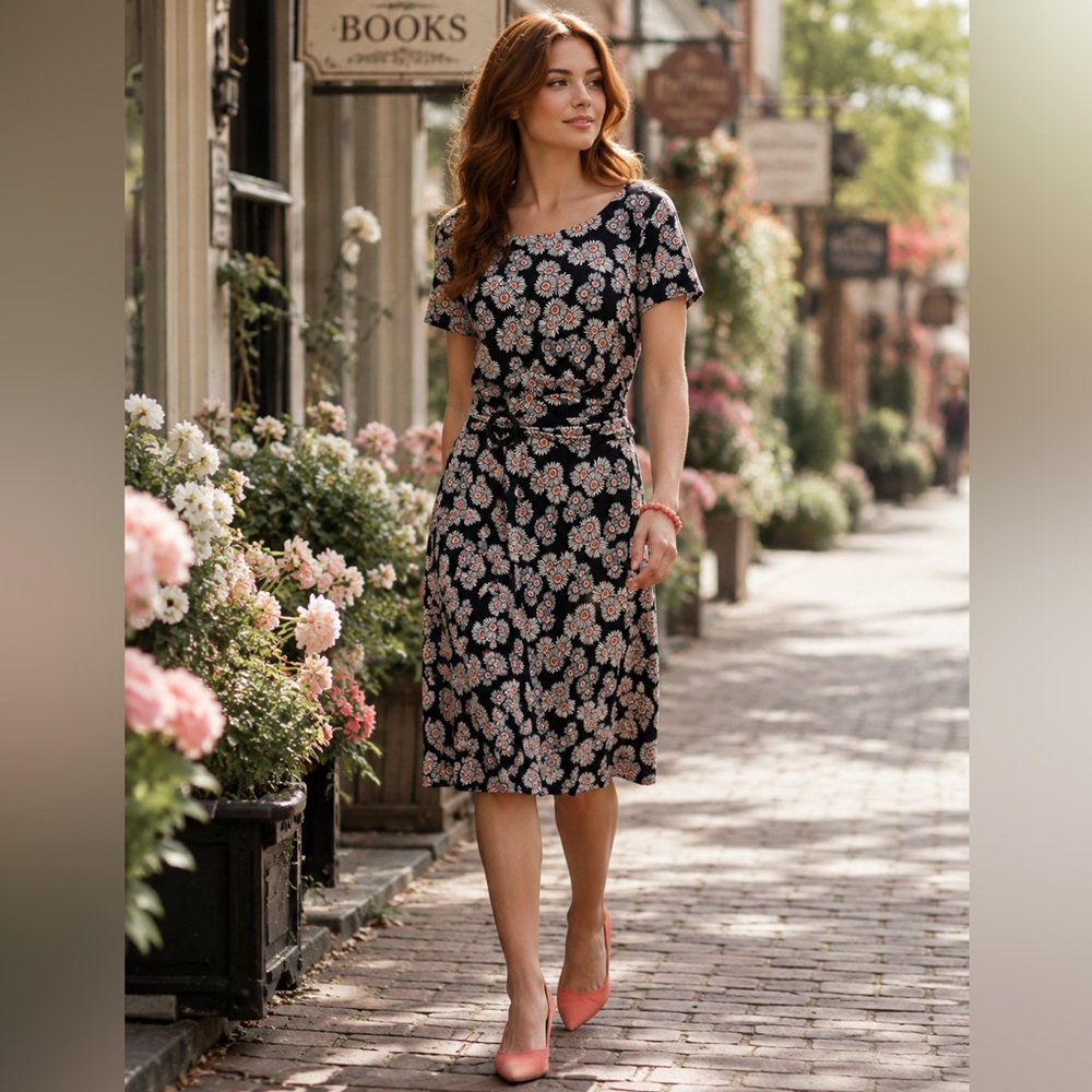 Perceptions Floral Navy & Peach Midi Dress with Belted waist